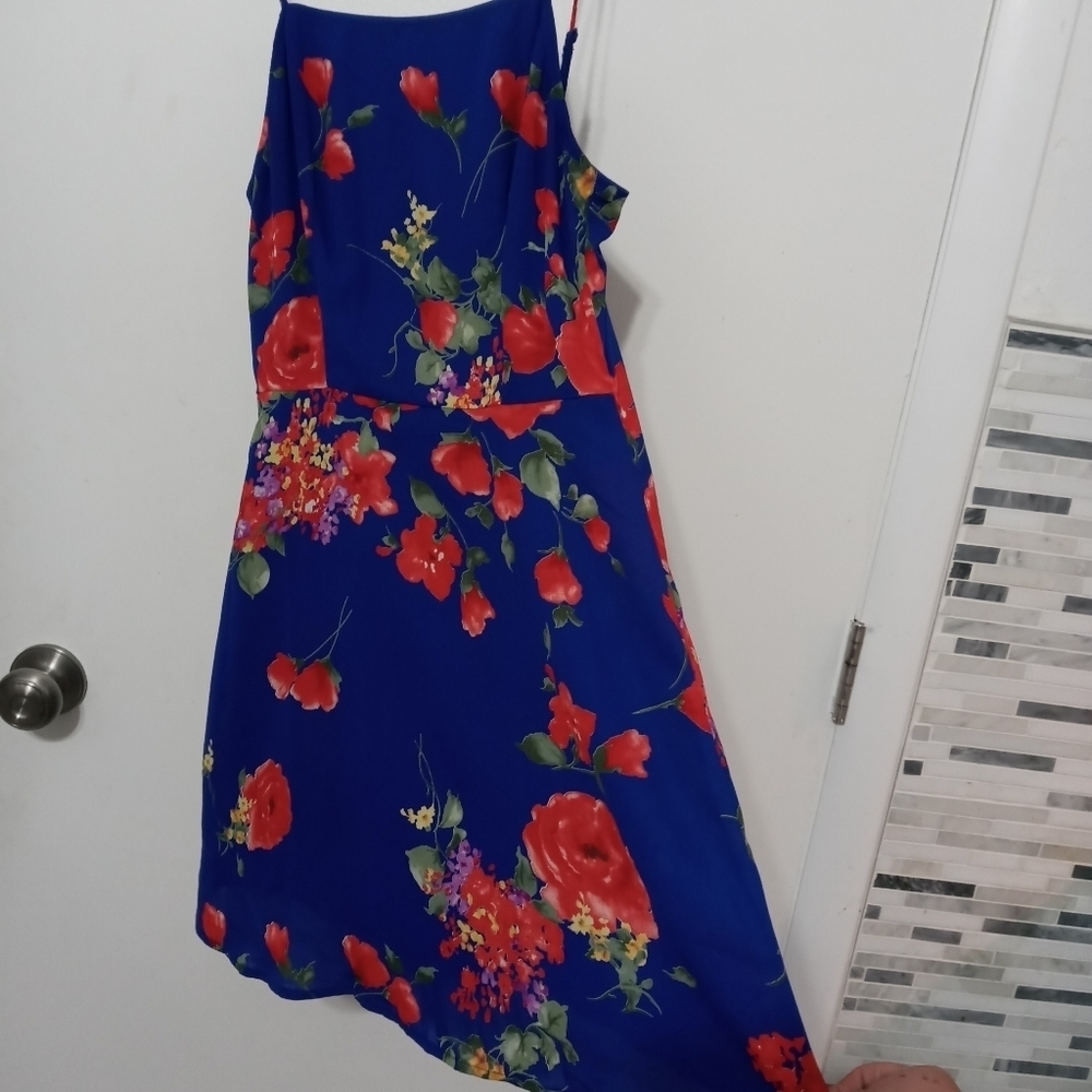 Lulus Blue Red Floral flare Lined Midi dress Spaghetti Straps XS EASTER